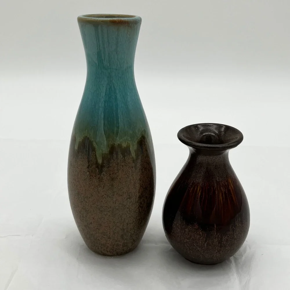 Bud Vases Set of 2 8in 5in Turquoise Brown Drip Glaze Ceramic
